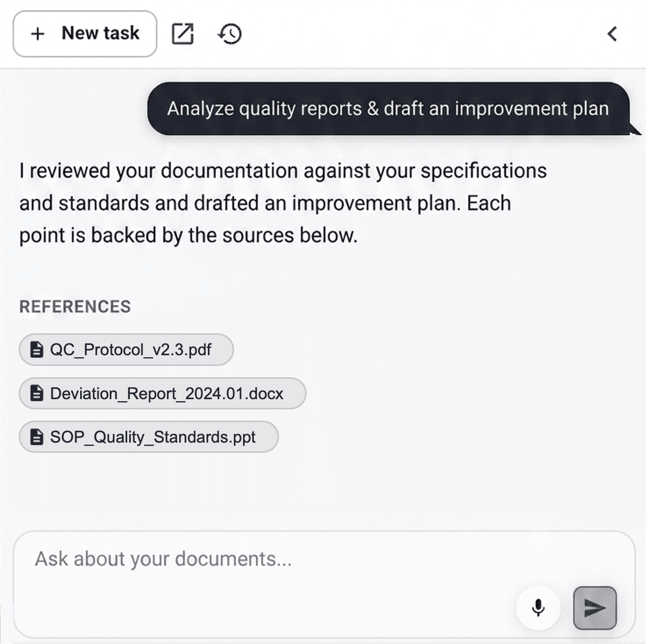 DoQcheck Assistant analyzing quality reports and drafting an improvement plan with cited sources